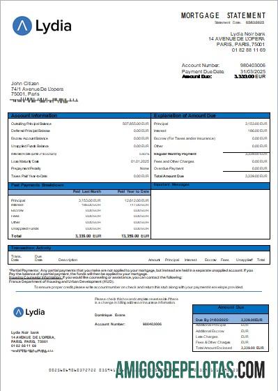 Declaração de hipoteca do banco Lydia Noir da França Scr exemplo